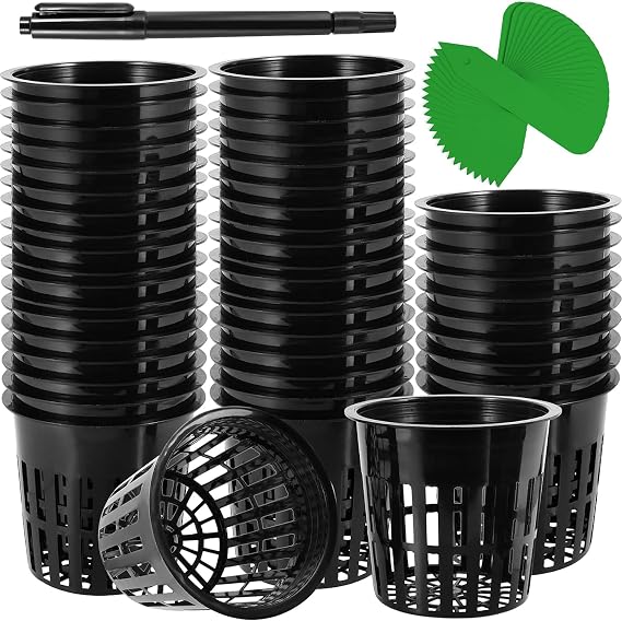 50 Pack 4 Inch Plastic Net Cups, Hydroponic Cups Mesh Pots with Pen and 50pcs Plant Labels Slotted Mesh Cup Plant Net Cups Wide Lip Bucket Baskets for Indoor or Outdoor Growing