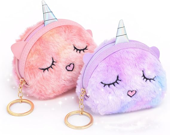 GALPADA 2Pcs Unicorn Coin Purses with Keychain: Plush Coin Purse Wallet, Unicorn Keychain and Backpack Charm for Girls, Mini Zipper Pouch Gift