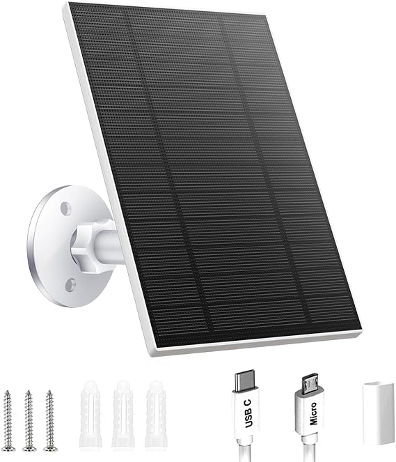 5W Solar Panel for Security Camera, Solar Panel with Micro USB & USB-C Port for DC 5V Outdoor Rechargeable Battery Camera, IP65 Waterproof, 360 Adjustable Security Mount, 9.8ft Cable(White 1PC)