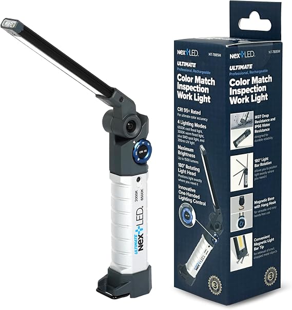 NextLED NT-7885M Ultimate Folding 1500 Lumen Multi-Function LED Rechargeable Work Light with CRI 95 Rating, Dual Color Temperatures, for Auto Detailing, Color Match, Mechanic Repair, HVAC Inspection