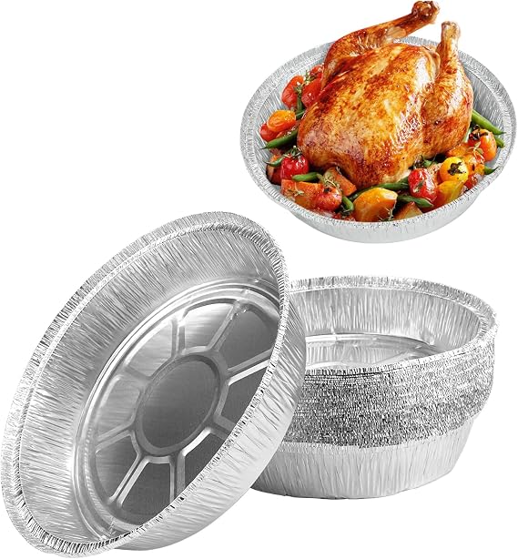 Kunjocy 30 Pcs Round Foil Trays, 7 Inch Tin Dishes Disposable Plate Container Air Fryer Liners Aluminum Round Pans for Party Baking Roasting Cooking