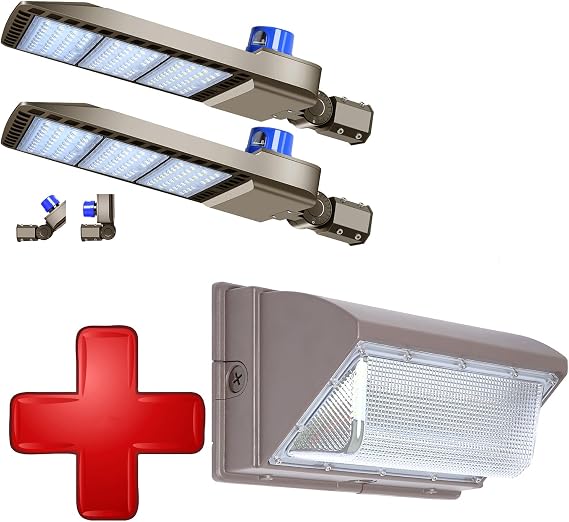 300W LED Parking Lot Light with Dusk-to-Dawn Photocell and 120W LED Wall Pack Light Without
