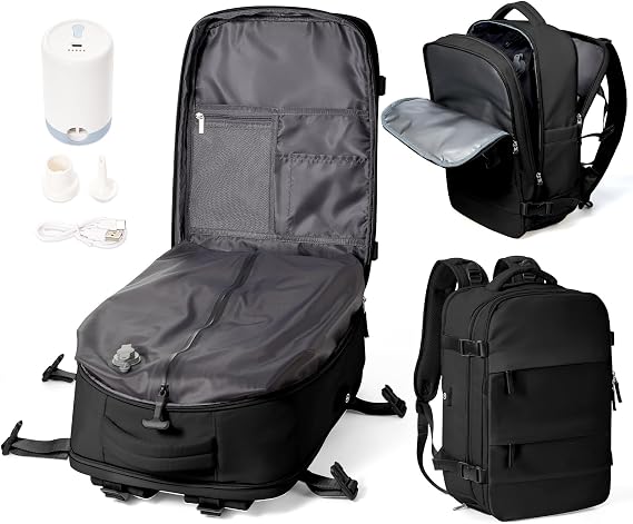 Large Vacuum Backpack Travel with Pump, Waterproof Compression Backpack, Airback Personal Item Carry on Backpacks, Vacpack Compression Bags for Seal, Business Travel Backpacks for Women Men(Black)