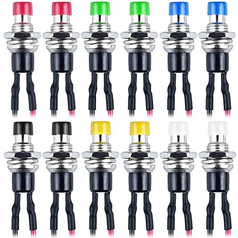 12Pcs Momentary Push Button Switch 12V 110V 220V Pre-Wired Normally Open Micro Push Button 1A 6V Spst Nomal Open on Off 2 Pin (Black Red Green Yellow White Blue Each 2pcs)