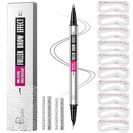 Eyebrow Pencils for Women with 10Pcs Stencils, 2-in-1 Dual-Ended Microblading Eyebrow Pencil with Curved Brush-Tip and Fork-Tip for Hair-Like Brows, Waterproof Curved Eyebrow Pen, Cool Brown