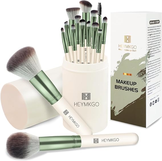 HEYMKGO Makeup Brushes 15Pcs Diversity Makeup Brush Set with Makeup Brush Holder Premium Synthetic Bristles Foundation Kabuki Powder Concealers Blush Blending Lip Eyeshadow Highlighter Eyebrow Brush