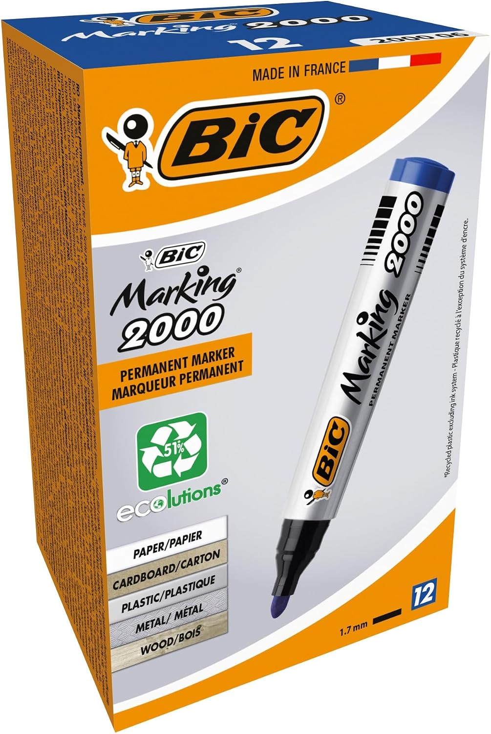 BIC Intensity Marker 2000 Yuvarlak Uçlu Permanent Markör, Mavi, 12li Kutu, 1.7 mm Sağlam Uç, Hızlı Kuruyan Mürekkep
