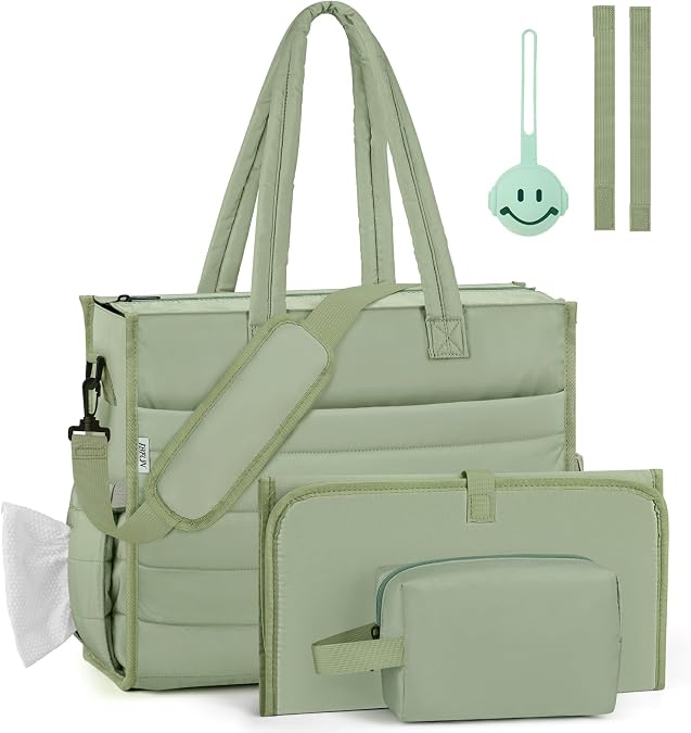 Diaper Bag Tote for Baby, Large Hospital Mommy Bag for Labor Delivery | Lightweight Puffy 4pcs Diaper Tote with Changing Pad, Toiletry Bag and Pacifier Case, Travel, Hospital, Newborn Essentials