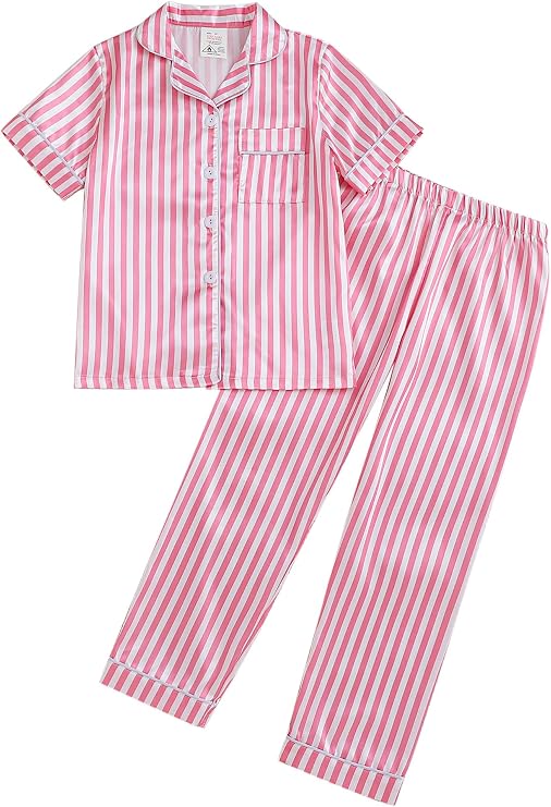 MyFav Pajama Set for Girls Button Down Silky Kids Sleepwear Nightwear Loungewear Clothes Set