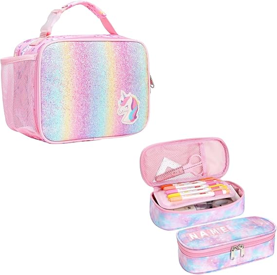 Bagseri Lunch Bag for Girls and Pencil Case for Girls Bundle, Insulated Kids Lunch Bag with Water Bottle Holder, Large Capacity Pencil Case for Kids