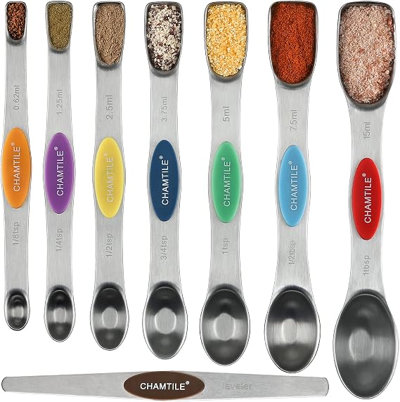 Magnetic Measuring Spoons Set 8 Dual Sided Stainless Steel Measuring Spoons | Long Handle Stackable Teaspoon Tablespoon for Measuring Dry and Liquid Ingredients