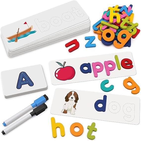 Coogam Reading & Spelling Learning Toy, Wooden Letters Flash Cards Sight Words Matching ABC Alphabet Recognition Game Preschool Educational Tool Set for 3 4 5 Years Old Boys and Girls Kids