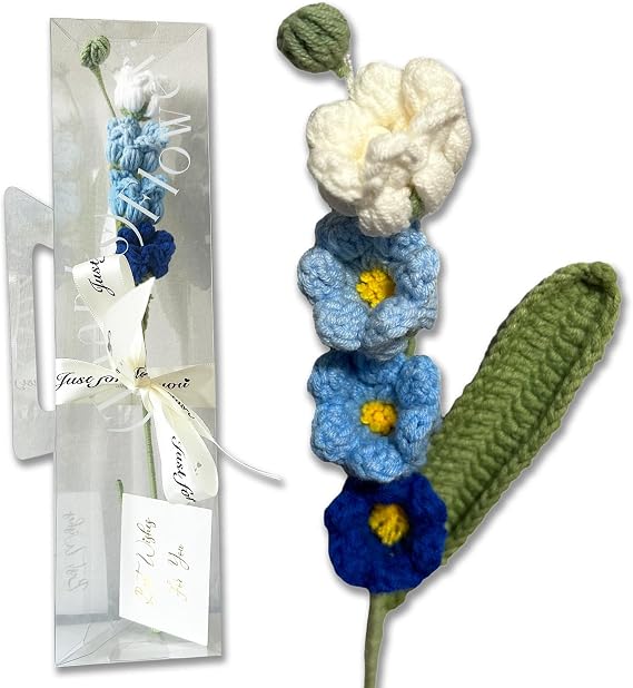 Handmade Crochet Artificial Flower, Thoughtful Gift with Greeting Card and Elegant Packaging for Friends,Relatives,Teachers and Patient Rehabilitation.Lasting Beauty (Lily of the valley Blue)