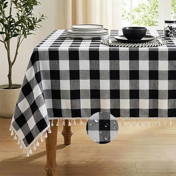 Deep Dream Water-Resistant Checkered Tablecloth Rectangle, Cotton Linen Gingham Table Cloth with Tassel, Wrinkle Free Buffalo Plaid Table Cover for Picnic Kitchen Dining Room - 55 x 55 Inch, Black