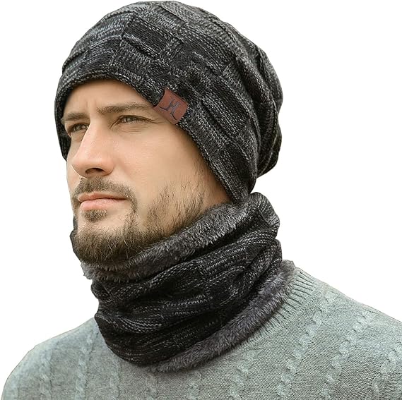 Men's Winter Beanie Hats Neck Warmer Warm Infinity Scarf | Thick Thermal Skullies & Beanies Caps Fleece Scarves Knit Hat for Men Women Cold Weather Driving Running Skiing Snow Gifts