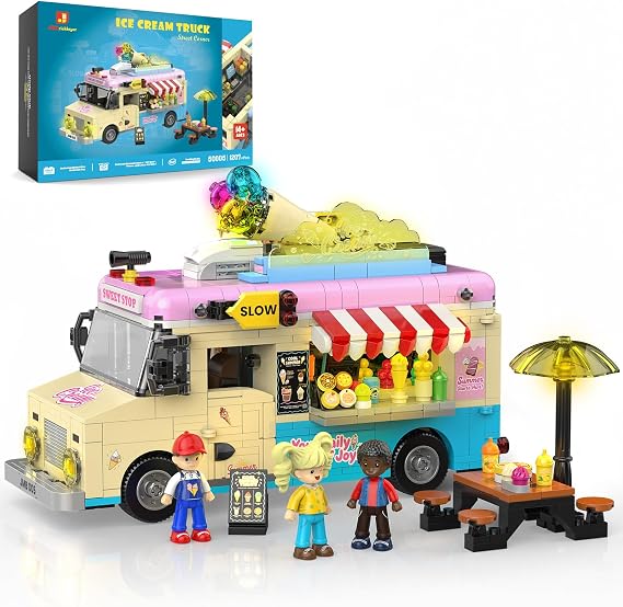JMBricklayer Ice Cream Truck Building Set with Lights, City Street View Building Blocks with 3 Minifigures,1207 PCS Display Car Model for Girls, Modular Collection Kit, Idea Gift for Teens Adults 14+