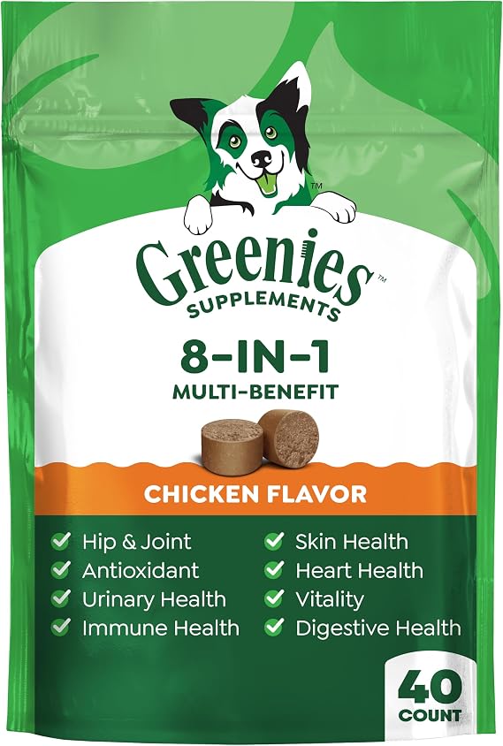 Greenies Supplements 8-in-1 Multi-Benefit Soft Dog Chews, Chicken, 40 Count | Hip & joint, digestive, skin, immune, heart, urinary health, real chicken, no artificial flavors, made in USA, 7.76 oz. Pouch