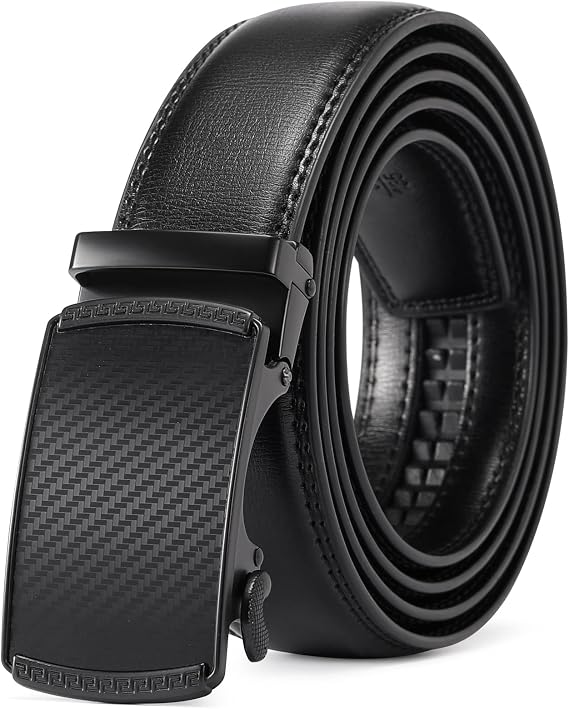 Men's Leather Belt Automatic Ratchet Buckle Slide Belt for Dress Casual Trim to Fit with Gift Box