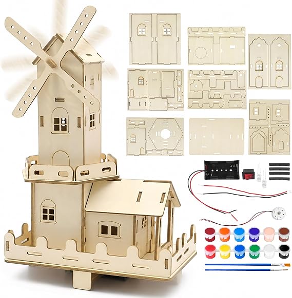Experiments for Adults Electronic Building Kit Experiment Box Electric Building Kit DIY Wooden Windmill House Construction Kit STEM Electric