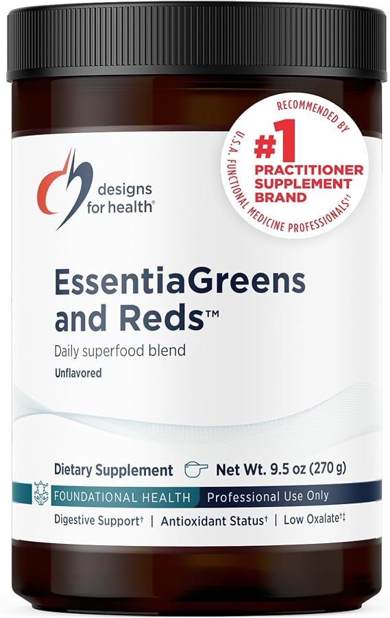 Designs for Health EssentiaGreens and Reds (Unflavored, 30 Servings), Vegan Superfood Powder with Spirulina, Kale, Apple & More, for Daily Nutrition and Digestive Health