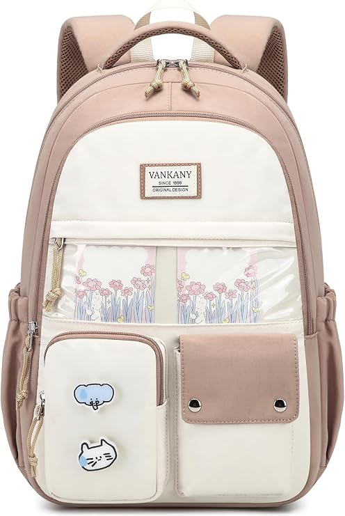 Cute Backpack for Teen Girls, Laptop School Bag Kids Middle High School Elementary College Bookbag for Women Students Travel Daypack, Khaki Beige