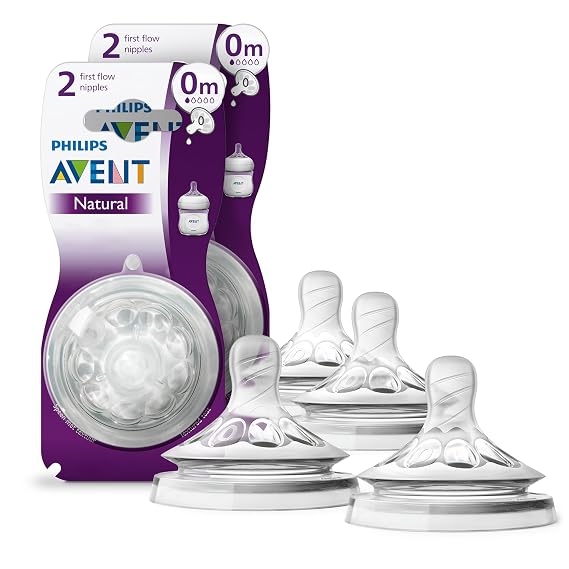 Philips Avent Natural First Flow Baby Bottle Nipple, BPA-Free, 4-Pack | Soft Silicone Nipple, Natural Latch-On, Breast-Shaped Wide Nipple, Reduces Colic and Gas, 4-Pack, SCF657/43
