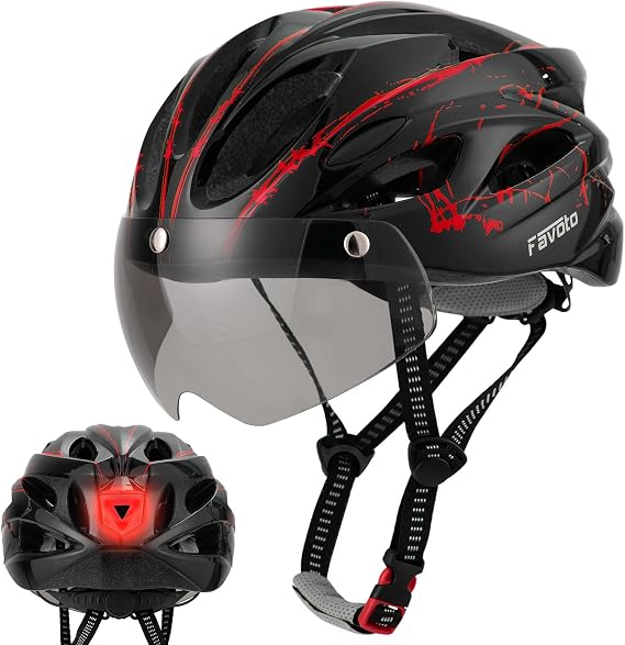 Favoto Bike Helmet Adult - Bicycle Helmet for Men Women Lightweight Cycling Helmets with Led Light Detachable Magnetic Goggles, Breathable Road Bike Mountain Ebike Helmets Adjustable Dial Fit
