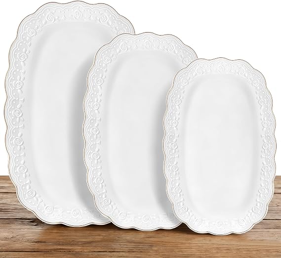 Kassel Ceramic Serving Platter Set | 14/12/10 Oval Serving Trays for Entertaining at Parties and Weddings | Oven Safe Large Serving Trays for Tacos, Steak, and Cake