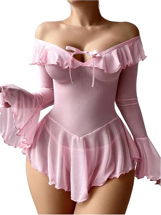 OYOANGLE Women's 2 Piece Off Shoulder Long Sleeve Mesh Sheer Lingerie Set | Lingerie Dress With Thong Set, Long Sleeve Babydoll Lingerie, Ruffle Trim, See Through Sleepwear