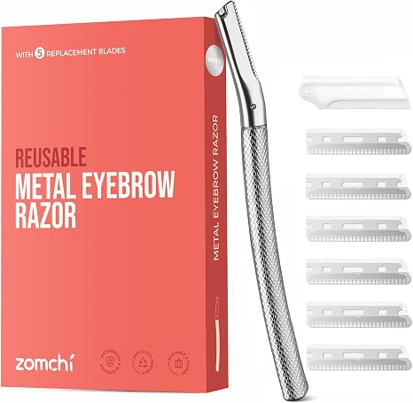 Eyebrow Razor Reusable Face Razor for Men & Women Stainless Steel Eyebrow Trimmer Shaper with Precision Cover Dermaplaning Tool Face Razor with 6 Blades (Silver)
