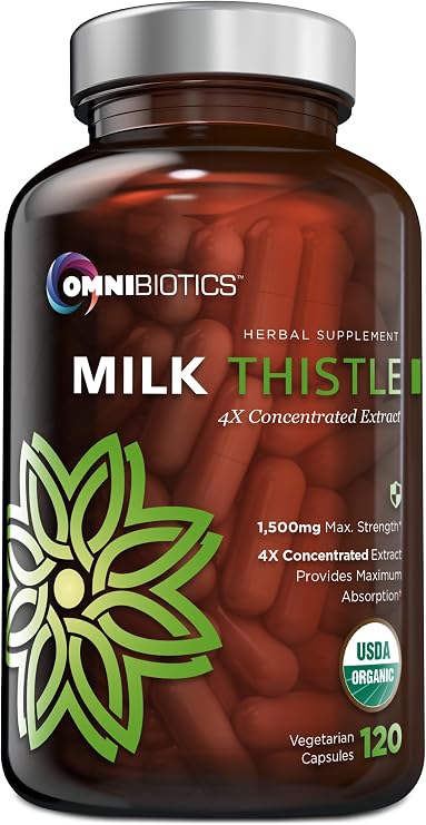 OmniBiotics Organic Milk Thistle Supplement 1500mg 4X Concentrated Extract with Silymarin High Potency Liver Detox & Support 120 Vegan Capsules