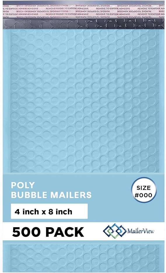 Light Blue Bubble Mailers 4x8, Poly Padded Envelopes #000, 500 Pack