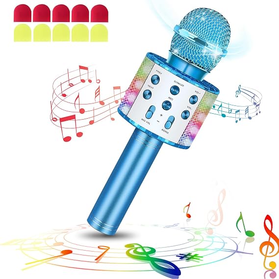 Wireless Bluetooth Microphone Karaoke with LED Lights Portable Handheld Singing Karaoke Speaker Machine Toy Gifts for Children Adults (Blue with 10 Disposable Microphone Covers)