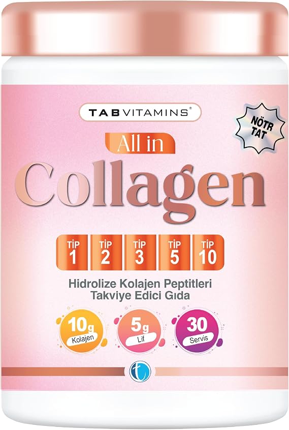 TABVITAMINS All in Collagen 30 Servis Aromasız Hidrolize Kolajen Peptitleri Tip 1 Tip 2 Tip 3 Tip 5 Tip 10 Akasya Gamı Yumurta Kabuğu Zarı Bromelain Hyaluronik Asit Vitamin C Magnezyum