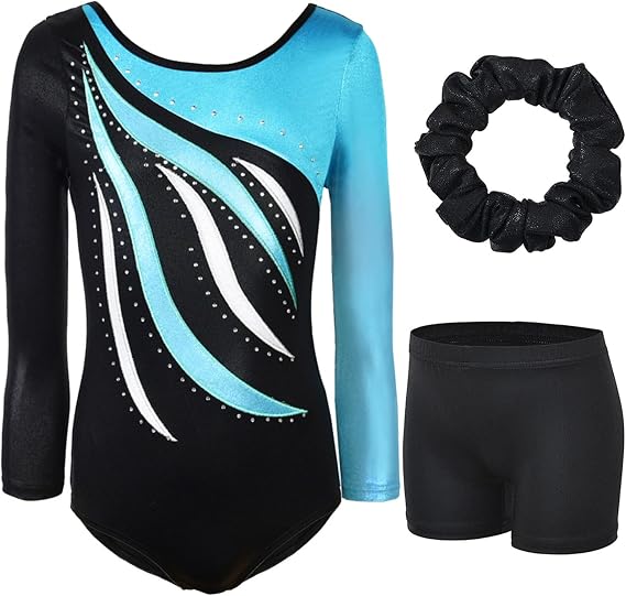 Gymnastics Leotards for Girl Sparkly Ballet Dance Unitards Biketards Tumbling Shorts Kids Teen Long Sleeve Activewear