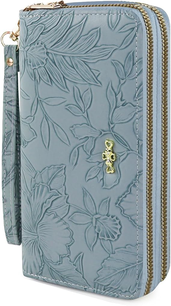 Women Wallets, Large Capacity Double Zip Long Purses for Women, PU Leather Ladies Credit Card Holder Wallet with Zip Pocket Multi Card Slots and Big Compartments (Blue)