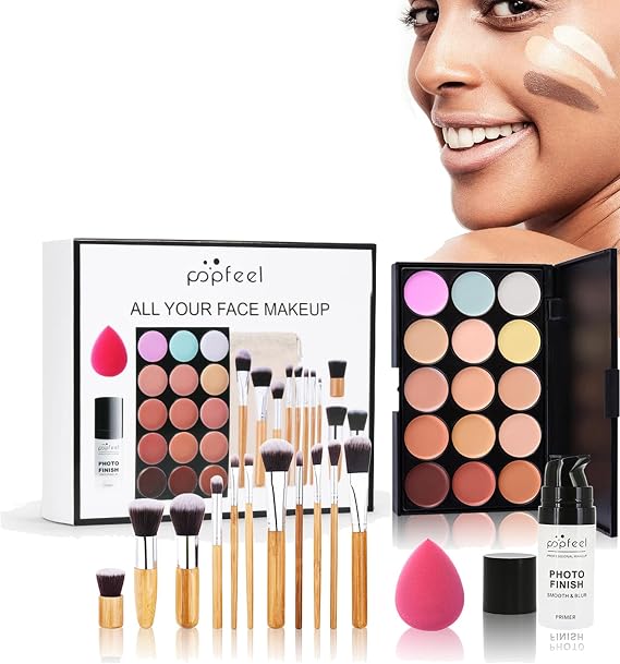 RoseFlower 15 Colors Professional Makeup Cream Contour Palette +Primer +Makeup Brush, Full Coverage & Makeup Brush Set Contour Concearler Palette Contouring Face Make Up Gift for Women Girls
