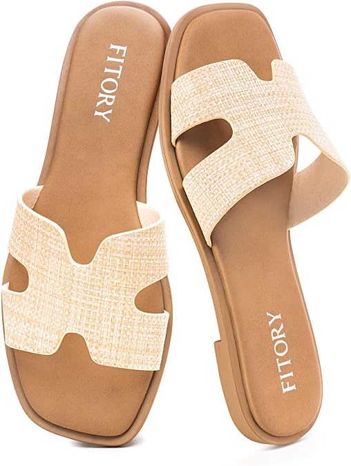 FITORY Women's Slide Sandals, Fashion Square Open Toe Flats with Cushion