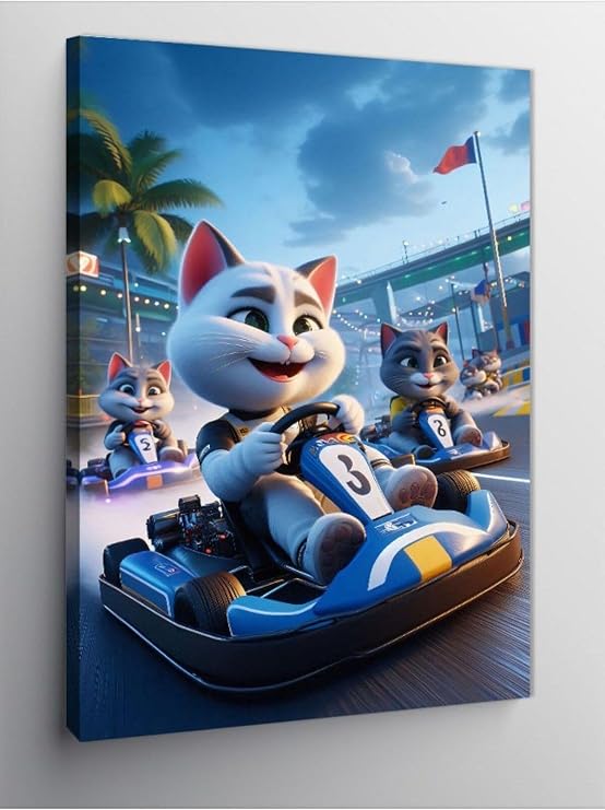 Tablo Mega Kanvas Tablo Go-Kart Yarışan Kedi 100 X 140 Cnvsdkey-128150-100-140