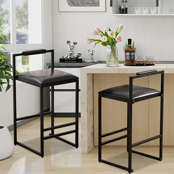 Bar Stools Set Of 2;Counter Height Bar Stools With Back;PU Leather Upholstered Counter Stools With Armless Footrest Modern Bar Chairs For Home Pub,Dinning Room,Kitchen Island Bistro,Club (Black)