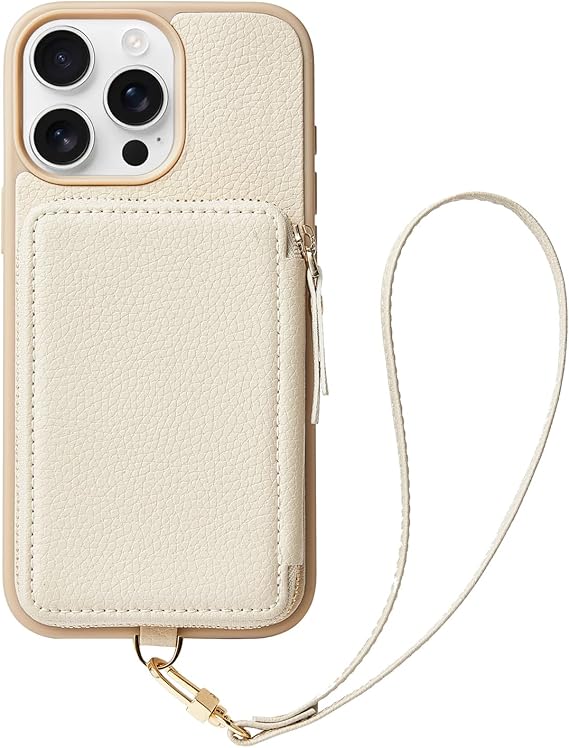 ZVE for iPhone 13 Pro Wallet Case with Wrist Strap, Zipper iPhone Case with RFID Blocking Card Holder Slot Handbag Leather Cover Gift for Women for iPhone 13 Pro 6.1" (2021)- Beige