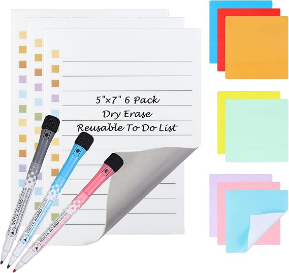 Yoption 3pcs Dry Erase to Do List 5''x7'', 8pcs Dry Erase Sticky Notes 4''x4'' and 3 Markers, Set of 14, Reusable Whiteboard Stickers Lined Stickies Planner for Wall, Fridge, Mirror, Desk, Glass