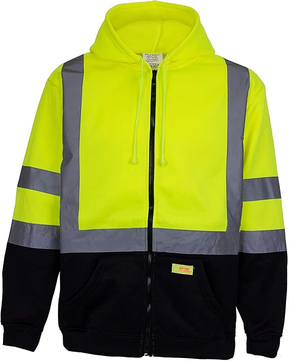 Men's ANSI Class 3 High Visibility Class 3 Sweatshirt, Full Zip Hooded, Lightweight, Black Bottom