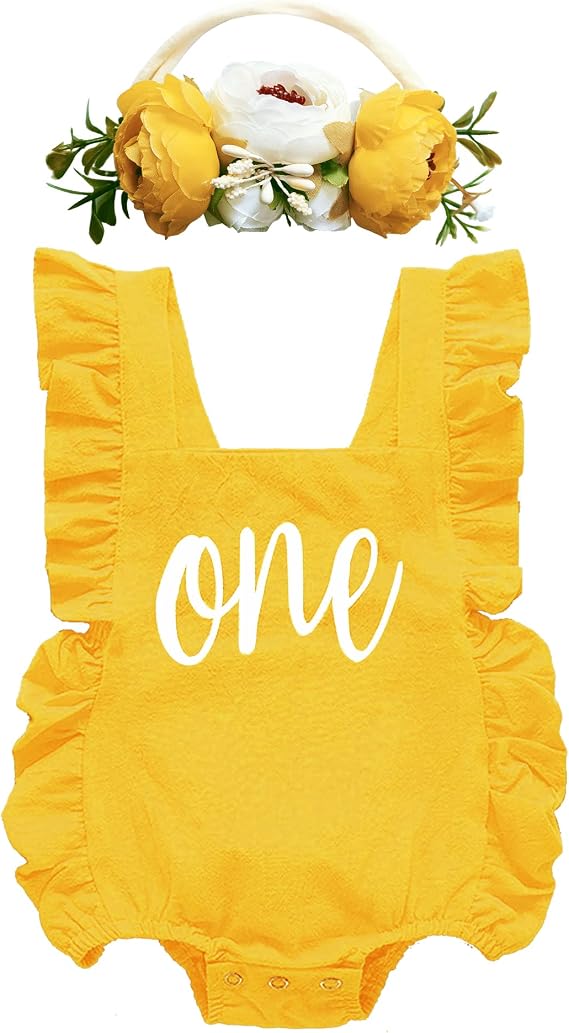 BGFKS Ruffle Sleeve Romper for Baby Girl, Toddler Girls 1st Birthday Bodysuit with Flower Headband.