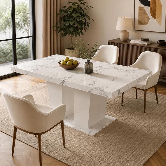 KEIKI Extendable Dining Room Table for 6-10 Person, Modern Large Rectangular Kitchen Tables w/Dual Column Pedestal Base for Kitchen Living Room, White Marble
