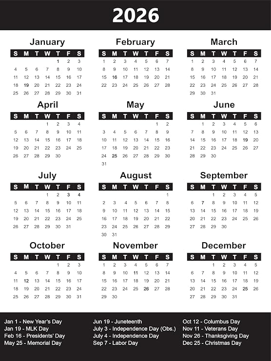 2026 Full Yearly Calendar Magnet Durable, Compact Design with Federal Holidays Perfect for Fridge or Office Organization (Black, 4.5"W x