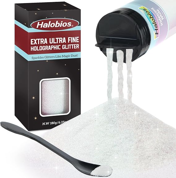 Halobios Extra Fine Glitters, Holographic Iridescent White Glitter, 6.35oz(180g) Ultra Fine Glitters, 1/128" Resin Glitter Powder for Hair Body, Nails, Arts and DIY Crafts.