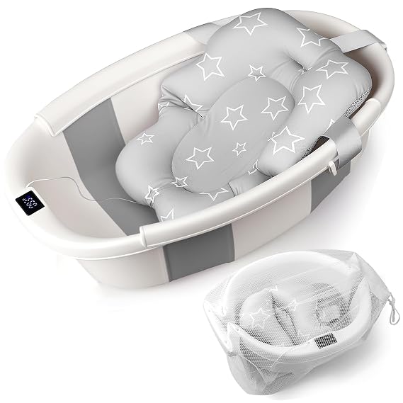 Baby Bathtub, Baby Tub with Thermometer & Soft Cushion, Collapsible Baby Bathtub from Newborn to Toddler Bathtub 0-36 Months, Foldable for Quick Use & Portable for Travel(Grey)