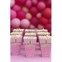 1 Year Old Birthday Pink Popcorn Box, 8 Pieces, Striped and Polka Dot Design, Party Decoration