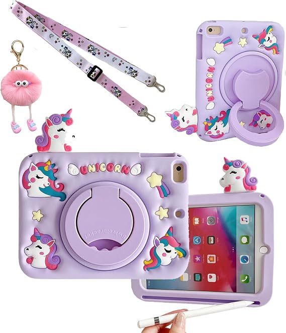 3D Cute Unicorn Case for Samsung Galaxy Tab A9 8.7 inch 2023/Tab A11 8.7 inch 2025,Kawaii Cartoon Animal Soft Silicone Rotating Stand Case with Lanyard for Kids Teens Girls Women-Purple